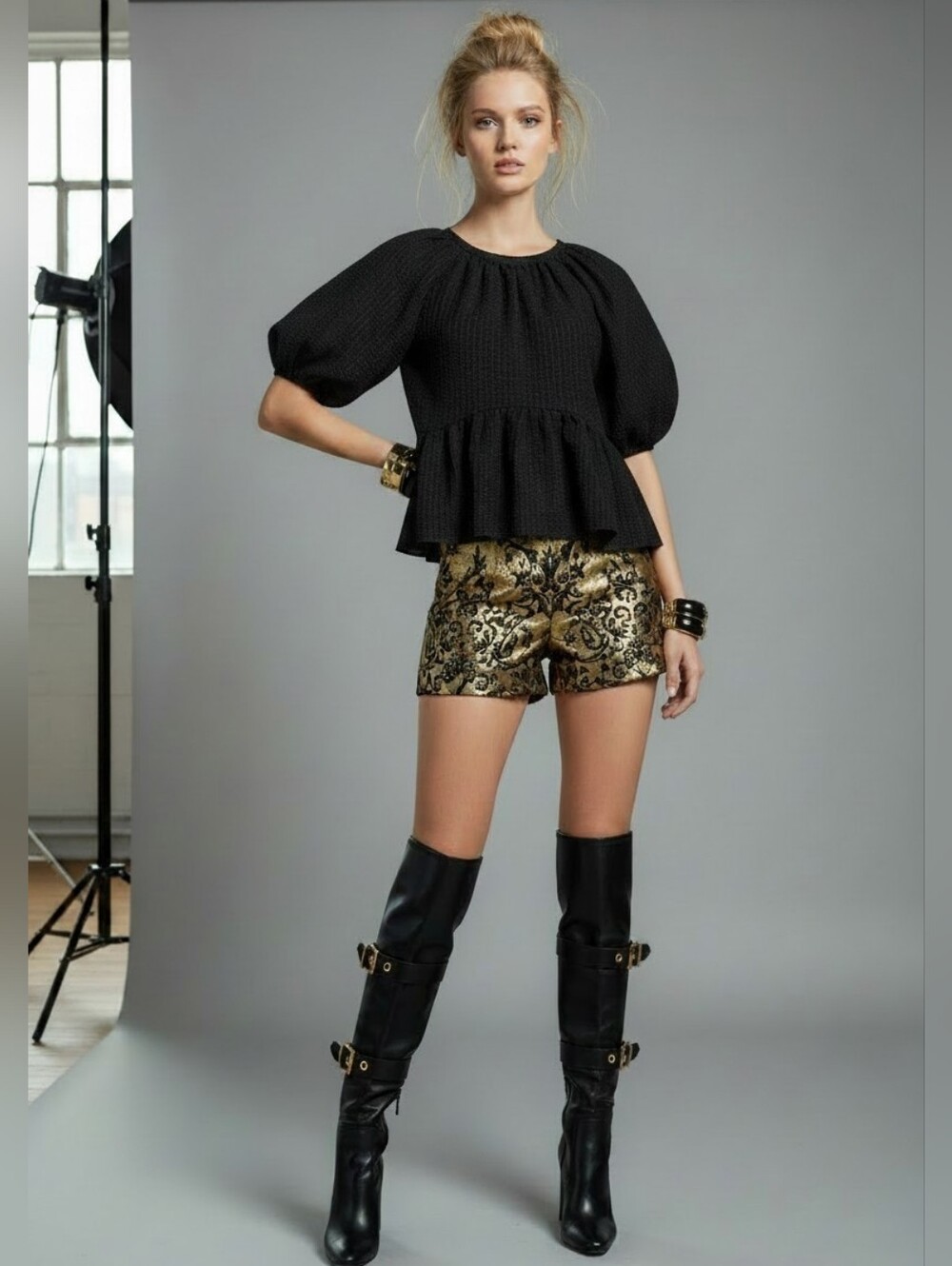 NWT GOEN.J Balloon Sleeve Peplum Black Blouse MSRP $571- Size 4, Zip Back
